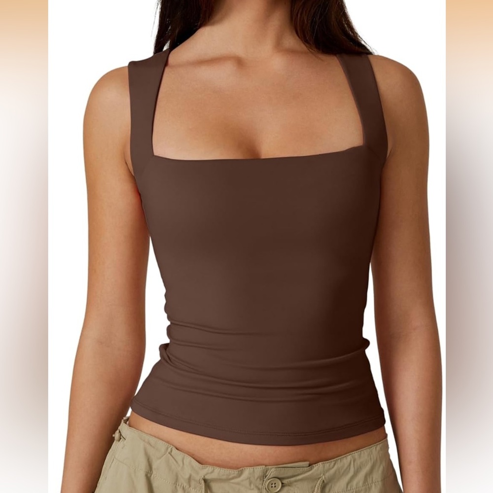 Qinsen Brown Square Neck Women's Top